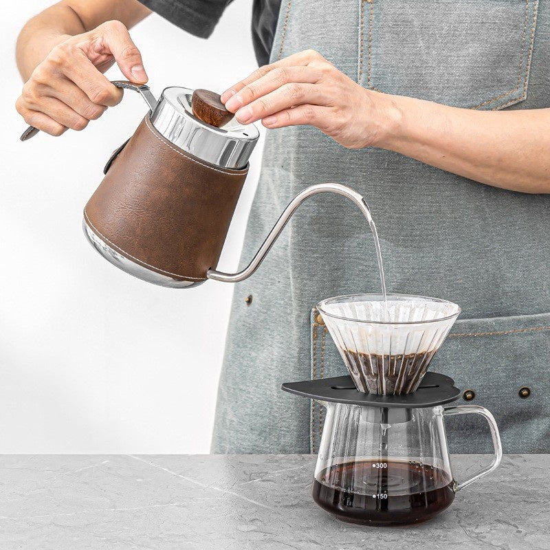 304 Stainless Steel Hand Made Coffee Maker Household Hanging Ear Narrow Mouth Coffeepot Leather Anti-scald Hand Wash Pot