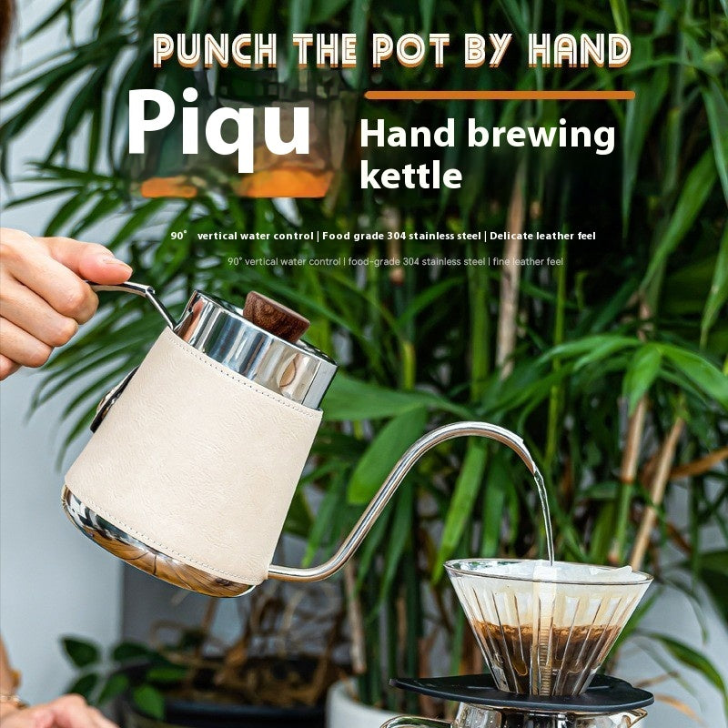 304 Stainless Steel Hand Made Coffee Maker Household Hanging Ear Narrow Mouth Coffeepot Leather Anti-scald Hand Wash Pot